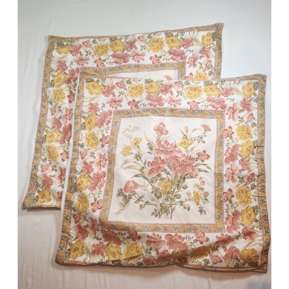 Vintage April Cornell Floral Pillow Shams Set 2 Pink Yellow Cotton Cottagecore